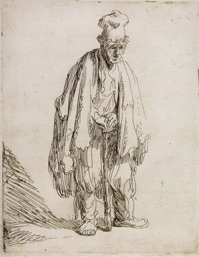 REMBRANDT Harmenszoon van Rijn Beggar in a high cap,Standing and Leaning on a stick